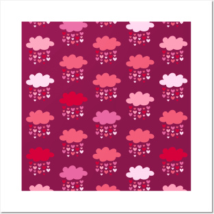 Retro raining hearts love clouds burgundy Valentine Posters and Art